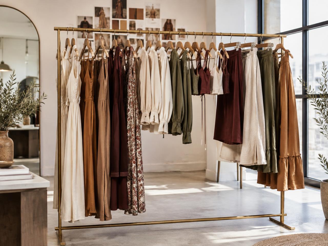 Arara com vestidos, blusas e saias da coleção Traço Final em tons terrosos